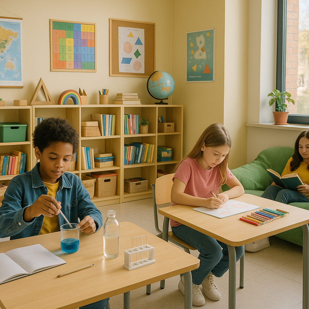 Elementary students engaged in self-directed learning activities including art, science experiments, and reading corners in a flexible classroom setting.