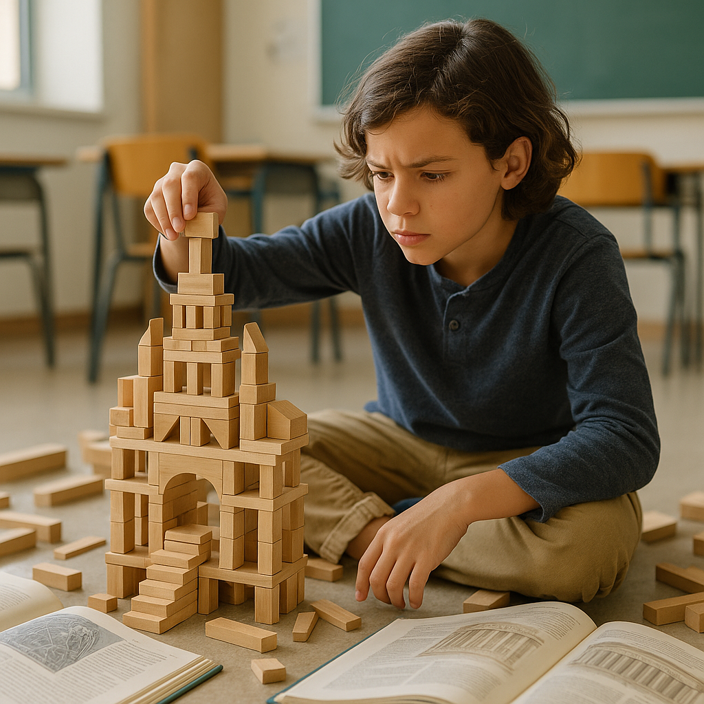 Elementary student engaged in independent construction project with various building materials and educational books, demonstrating self-directed learning in action.