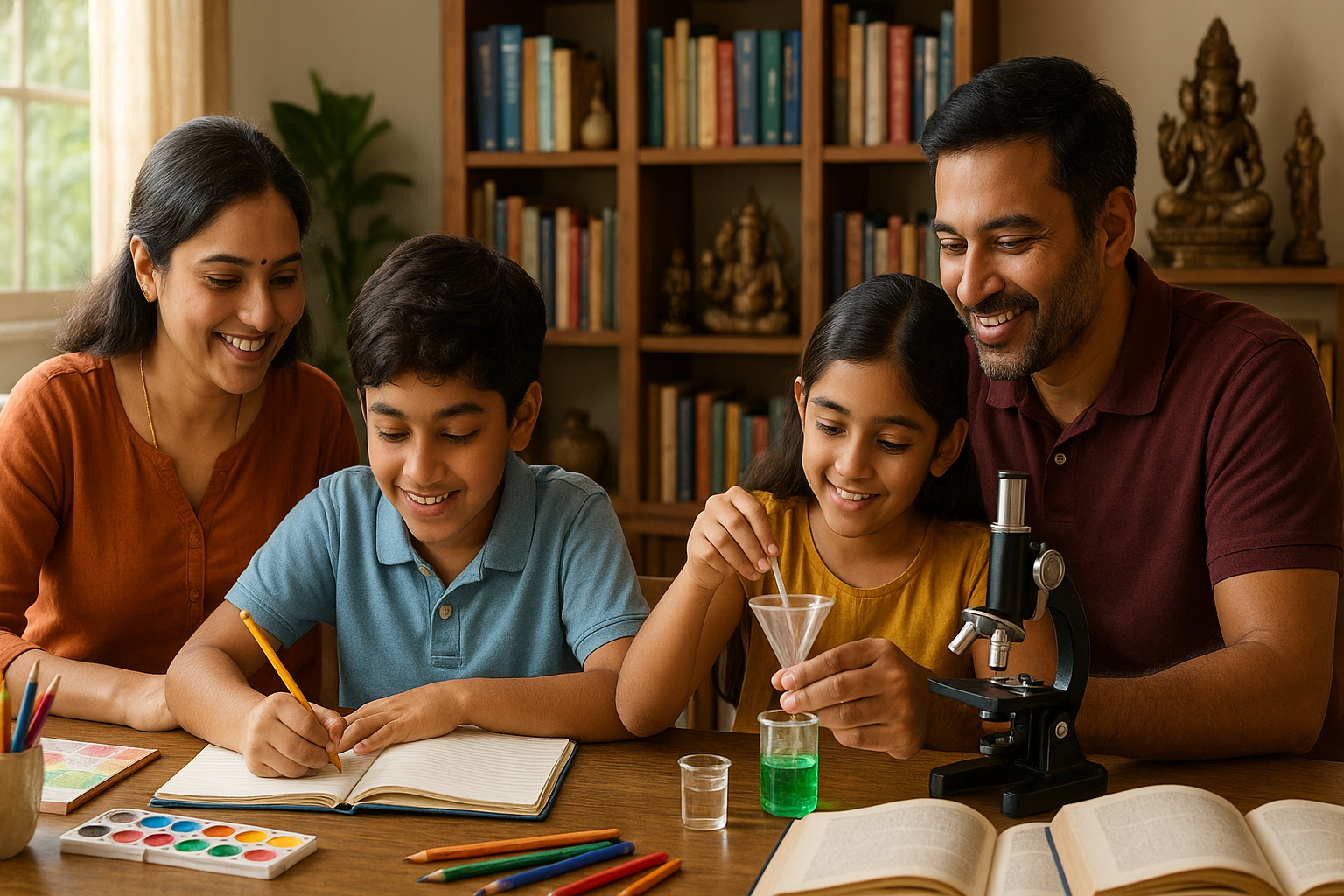 Indian American family participating in collaborative learning activities at home, representing the unschooling approach.