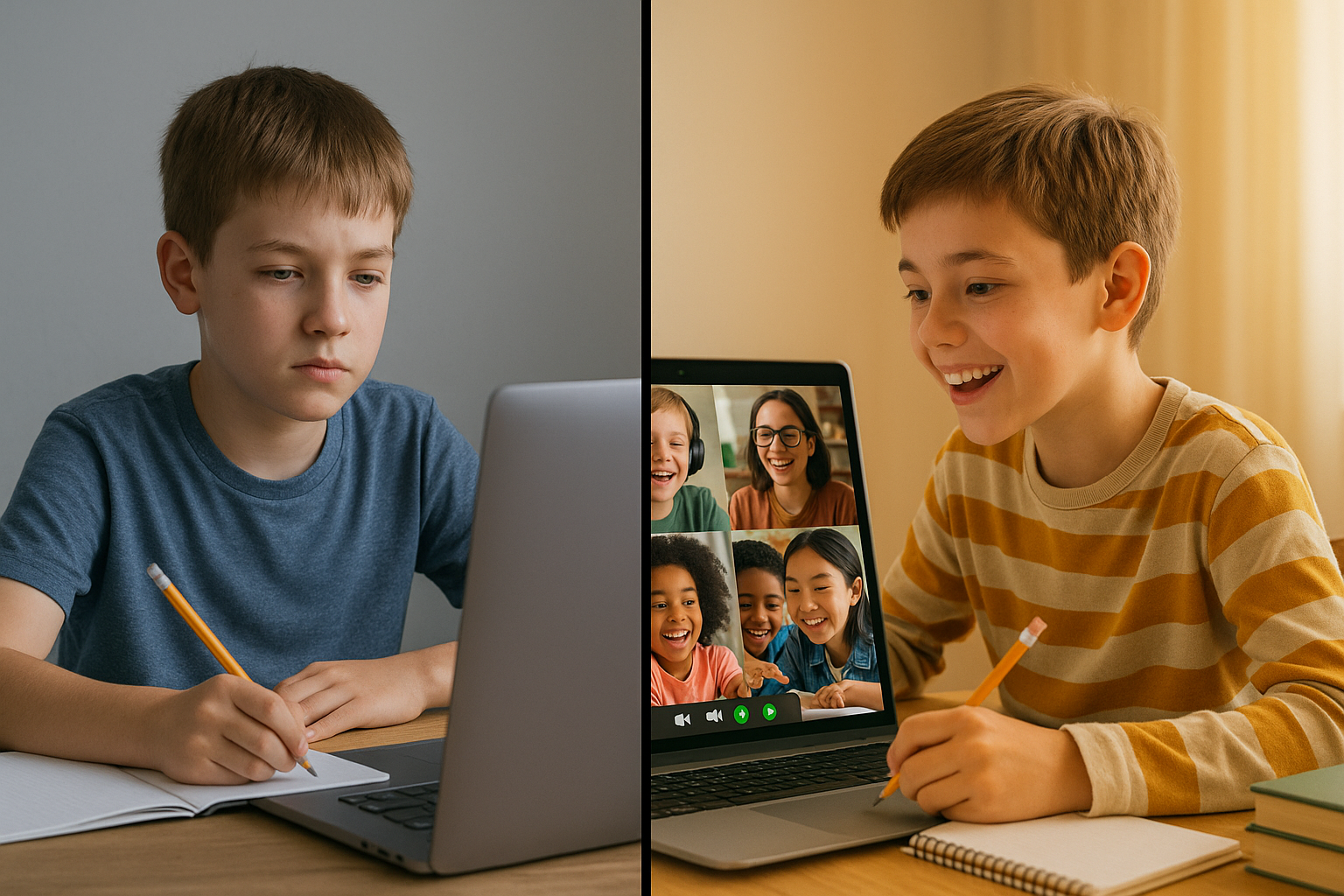 Comparison of isolated online learning versus collaborative virtual classroom with multiple engaged students.