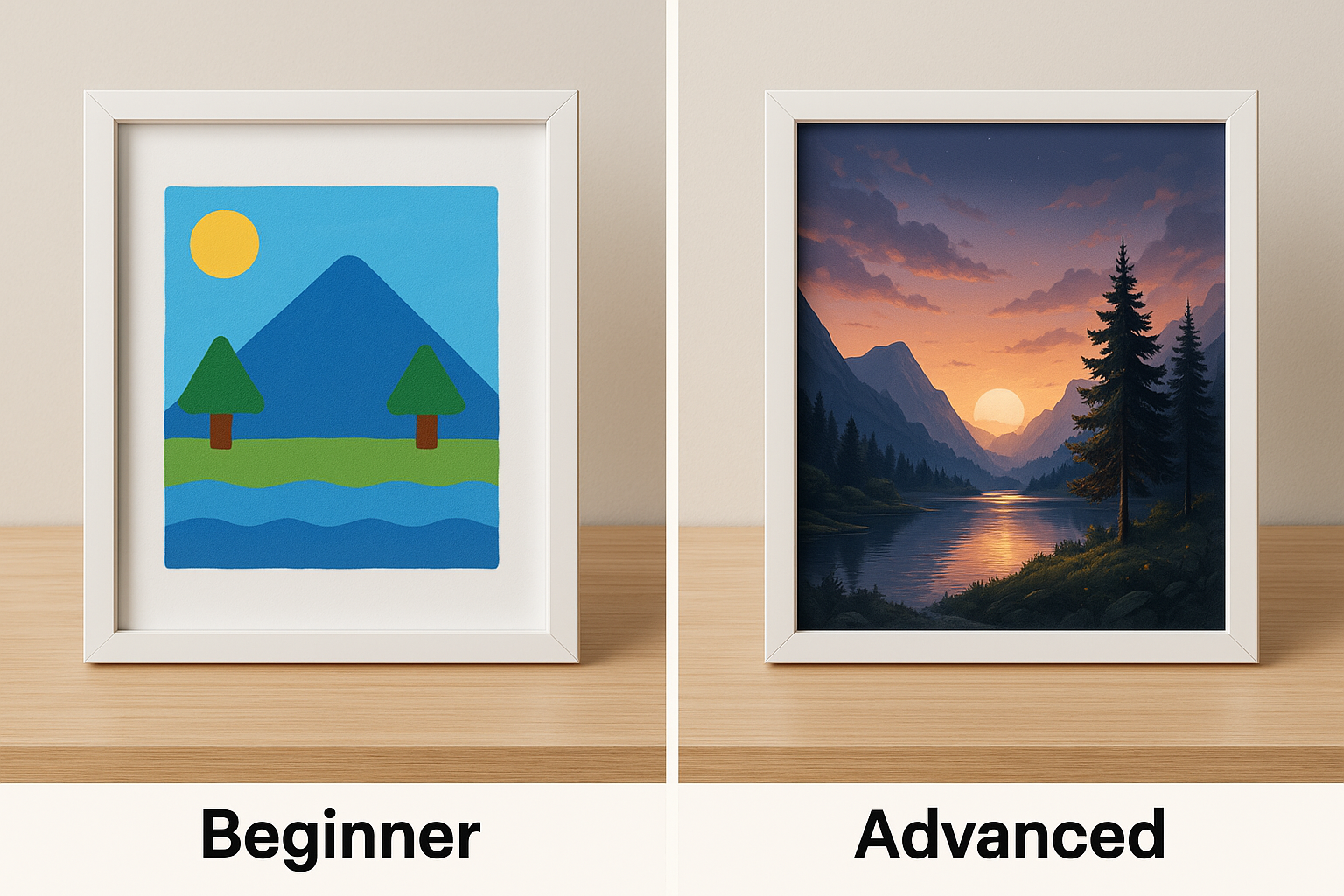 Side-by-side comparison of beginner and advanced student projects showing dramatic skill improvement through sustained learning.